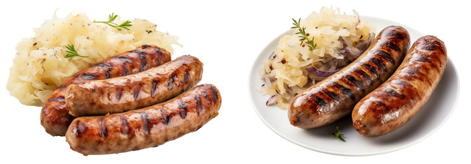Set of two german bratwurst sausage dishes with sourkraut isolated on transparent background, traditional food - obrazy, fototapety, plakaty