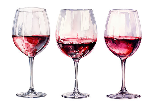 set of glasses with red wine. vintage watercolor illustration with alcohol
