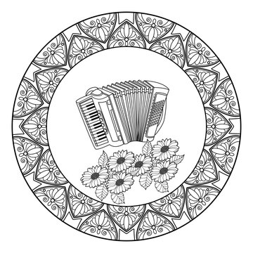 Vector illustration of a mandala frame with accordion and sunflowers for coloring book, cornice mandala vettoriale con fisarmonica e girasoli da colorare antistress