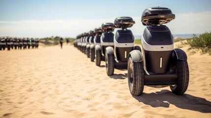 Segways Lined Up at Sandy Start with Obstacle Course in Background