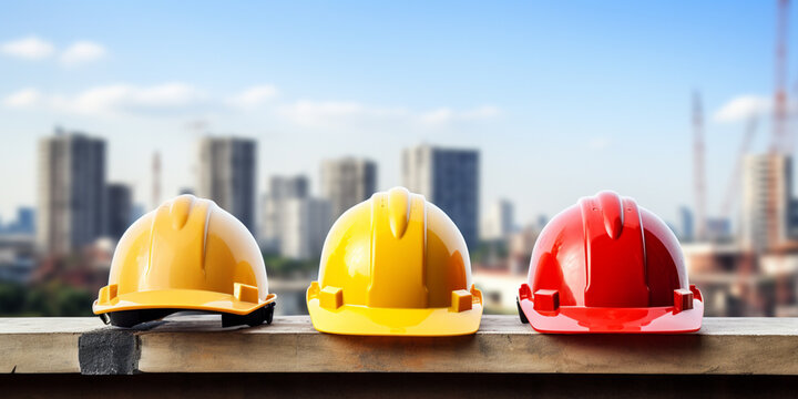 Multicoloured Safety Construction Worker Hats with Construction Blurred Blue Background. Teamwork and construction team. Engineering,  workers have a helmet to wear at work. For health safety at work.