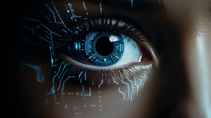 Person iris, eyes or future cybersecurity lens, facial recognition or identity verification....