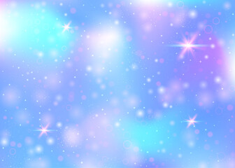 Hologram background with rainbow mesh. Mystical universe banner in princess colors. Fantasy gradient backdrop. Hologram unicorn background with fairy sparkles, stars and blurs.