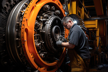 Fototapeta na wymiar mechanic changing wheels, Professional engineer checking machine walk through giant motor, Manufacturing Factory. Large Indust