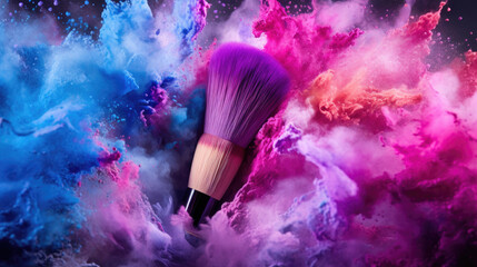 Makeup brushes with pink and purple powder explosion,  isolated on black background, colorful 