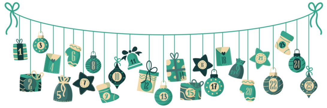 Calendrier de l'avent en guirlande de Noël - Illustrations colorées et festives pour les fêtes de fin d'année - Numéros de 1 à 25 pour préparer les fêtes - Culture et tradition - Décembre
