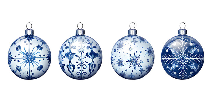 Blue and white Christmas tree bauble ornaments illustrations isolated on transparent or white background