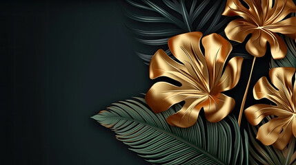 Shiny glossy golden painted tropical date palm and monstera leaves creatively arranged on black paper background. Empty space for copy, room for text. Trendy luxury border frame flatlay design.