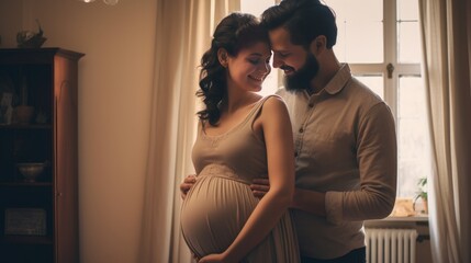 Young pregnant woman having romantic moments with her husband at home. a loving family