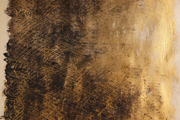 Fondo materico graffito di colore nero, marrone, oro; luce radente, spazio per testo - obrazy, fototapety, plakaty