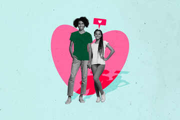 Poster picture collage of beautiful couple hold hands walk together isolated on drawing background