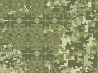 Military style pixel art vector pattern. Ukrainian traditional embroidery ornament. Military design geometric pattern. Vyshyvanka, cross stitch fashion pattern. Ukrainian folk ethnic decor.