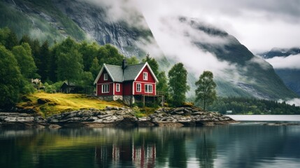 Red hut of Norwegian culture and architecture by the lake in Norway, lake house, amazing view of the lake