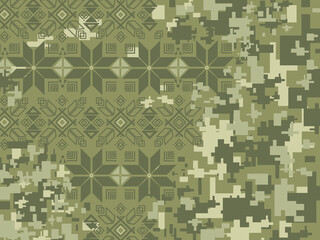 military pixel with Ukrainian ornament. . Ukrainian traditional embroidery ornament. Military design geometric pattern. Vyshyvanka, cross stitch fashion pattern. Ukrainian folk ethnic decor.