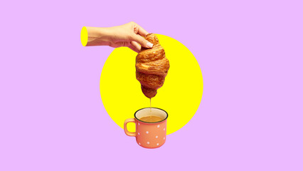 Female hand dipping crispy sweet croissant into mug with delicious coffee with milk. Breakfast. Contemporary art collage. Concept of popular drink, creativity, taste. Poster. Copy space for text, ad