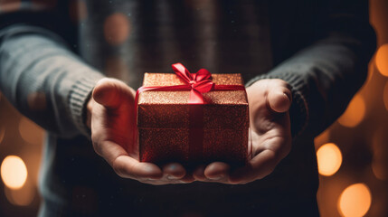 a woman hand holding a luxury gift box with bow against a christmas background, Woman holding beautiful gift box against blurred festive lights, closeup