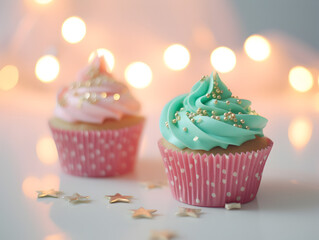 Two Cupcakes on Sparkling Pastel Background - Sparkling Delights, Sweet Celebration