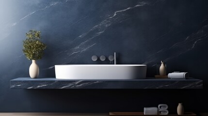 Modern bathroom interior in dark blue color. Empty marble table top for product display with blurred bathroom interior background