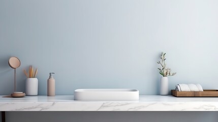 Modern bathroom interior with white tones. Empty marble table top for product display with blurred bathroom interior background.