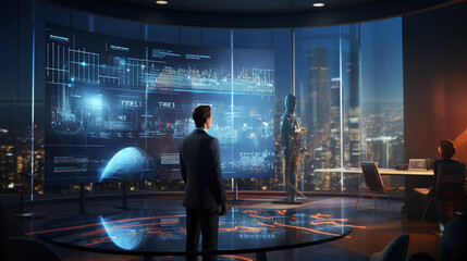 A confident executive dressed in a tail gives a presentation in front of his colleagues