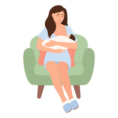 The woman sitting in an armchair and feeding a newborn.Breast feeding position with pillow in chair. Breastfeeding week,mother's day,natural feeding Vector illustration isolated
