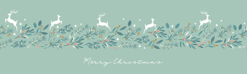 Beautiful winter greenery and deer seamless pattern - hand drawn and detailed, great for christmas textiles, banners, wrappers, wallpapers - vector surface design