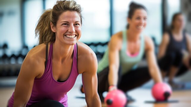 Beautiful women working out in gym. Close up image of group of healthy fit women at the gym exercising.