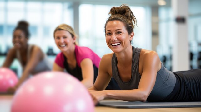 Beautiful women working out in gym. Close up image of group of healthy fit women at the gym exercising.