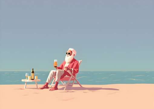Santa Claus on the Beach Enjoying a Beer - New Year's Relaxation and Christmas Concept