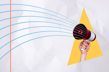 Collage picture of arm hold loudspeaker striped copybook page lines isolated on creative crumpled paper background