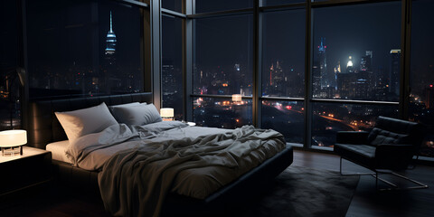 A modern interior of a room with a view of the city at night Modern luxury cozy bedroom  Interior of the modern bedroom at night Stylish Bedroom with City View in the Evening AI Generative 
 
 