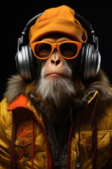 Portrait of a monkey wearing a hat and headphones listening to music