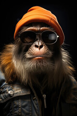 Portrait of a monkey in a hat and sunglasses