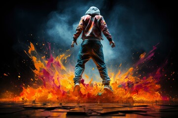 Male hip hop dancer is performing a spectacular dance on the background of colorful smoke. Concept of dance, youth, hobby, dynamics, movement and action
