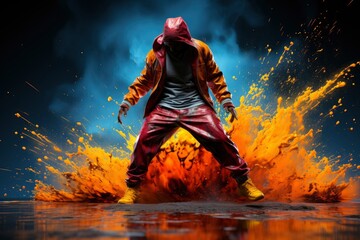 Male hip hop dancer is performing a spectacular dance on the background of colorful smoke. Concept of dance, youth, hobby, dynamics, movement and action - obrazy, fototapety, plakaty