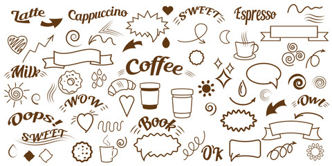 coffee icons and doodle, Print for design of cafe menus and flyers, tea cup, coffee beans,  of hand drawn elements for design elements