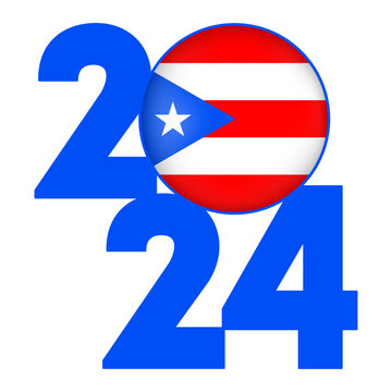 Happy New Year 2024 banner with Puerto Rico flag inside. Vector illustration.