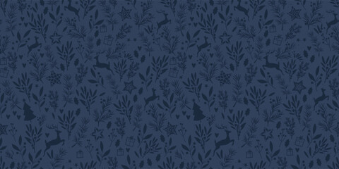 Beautiful winter greenery and deer seamless pattern - hand drawn and detailed, great for christmas textiles, banners, wrappers, wallpapers - vector surface design