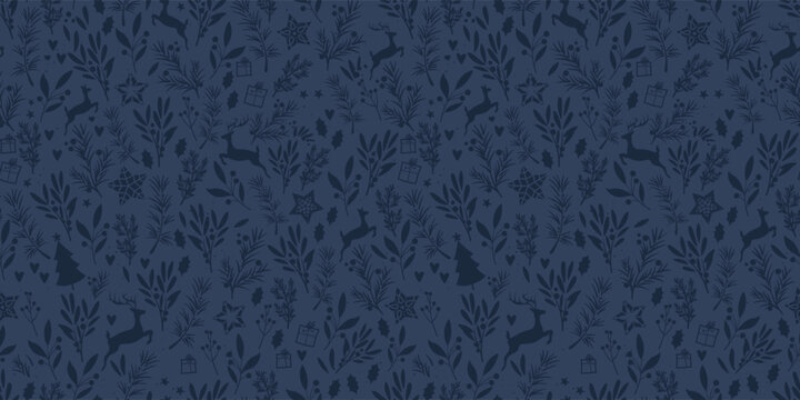 Beautiful winter greenery and deer seamless pattern - hand drawn and detailed, great for christmas textiles, banners, wrappers, wallpapers - vector surface design