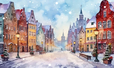 Foto op Canvas Street in a town in Europe with beautiful colourful buildings in winter, empty streets and snow falling, Christmas eve. © eshana_blue