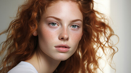 Naklejka premium Close-up of attractive model. Make-up, smooth skin. Natural light. Fashion, editorial concept.