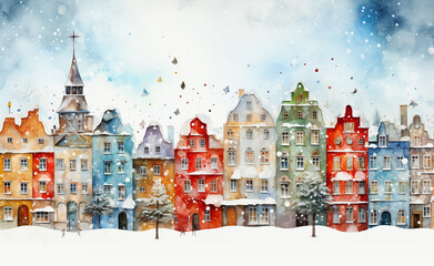 Cute colourful town in winter during snowy Christmas holidays, vintage holiday greeting card, nordic architecture, fairy tale like.