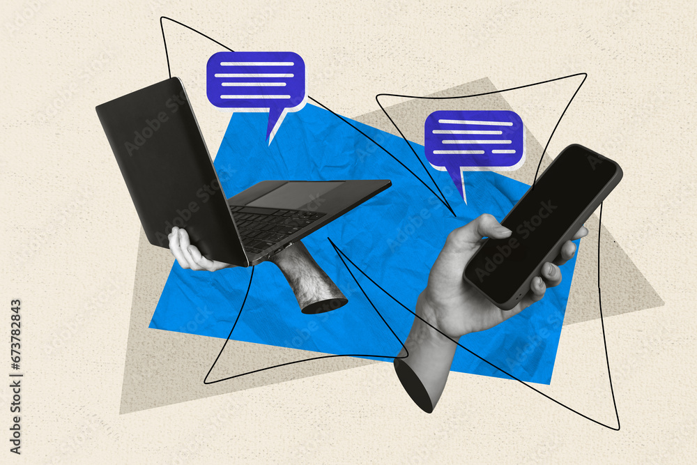 Fototapete composite collage of two black white effect arms hold smart phone netbook communicate dialogue messa