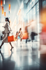 Personas de compras en un centro comercial con bolsas.