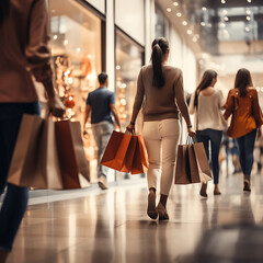 Personas de compras en un centro comercial con bolsas. - obrazy, fototapety, plakaty