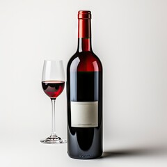 Red Wine bottle and glass on white background.