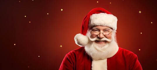 Santa Clause Posing on Red Christmas background  copy space Generative AI