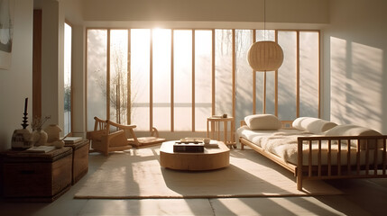 Fototapeta premium Awakening Peace: Sunrise Meditation Room with Bamboo Bliss - Created using Generative AI
