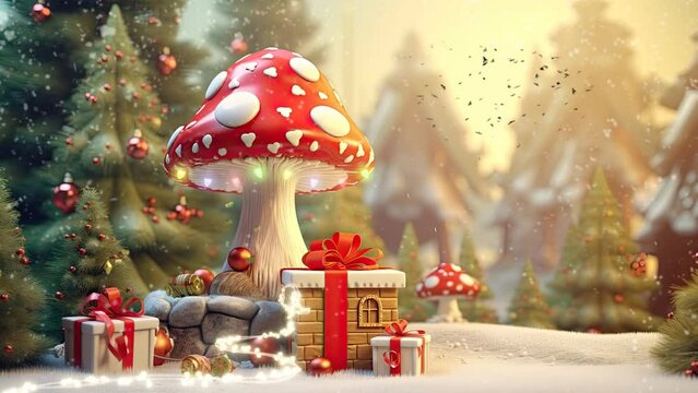 christmas decoration with tree, cute mushroom house and gifts. with cartoon style. seamless looping time-lapse virtual video animation background.