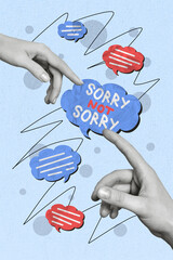 Vertical collage picture of two black white colors arms fingers reach connect not sorry dialogue...